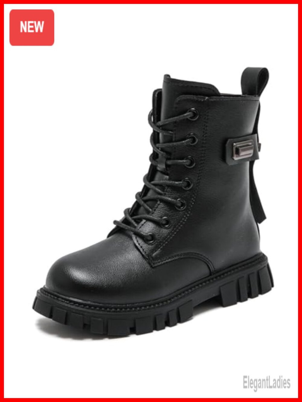 Girls Lace Up Ankle Boots Faux Leather Combat Booties Side Zipper Lug Sole
